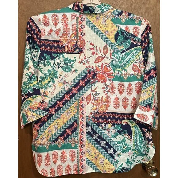 Chicos Linen Floral Geometric No Iron Button Shirt Blouse 3/4 Sleeve Sz 3 XLarge - Picture 2 of 3